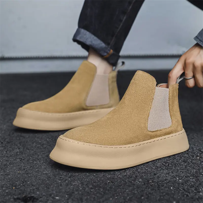 men's fashion cow suede leather boots slip-on flats platform shoes outdoors cowboy desert boot handsome ankle chelsea botas mans