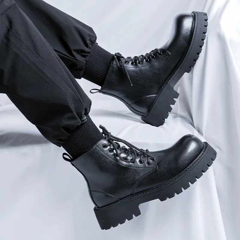 plus size men casual business office original leather boots black trendy lace-up shoes cowboy ankle botas platform autumn winter
