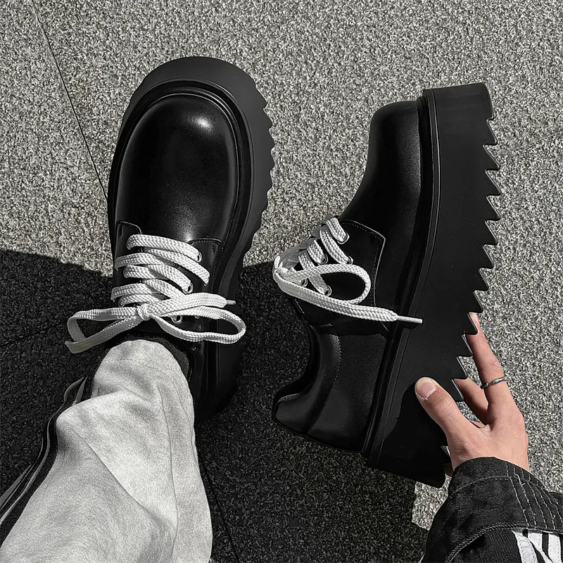 men luxury fashion punk hip hop platform shoes lace-up genuine leather derby shoe black designer sneakers cool stylish footwear