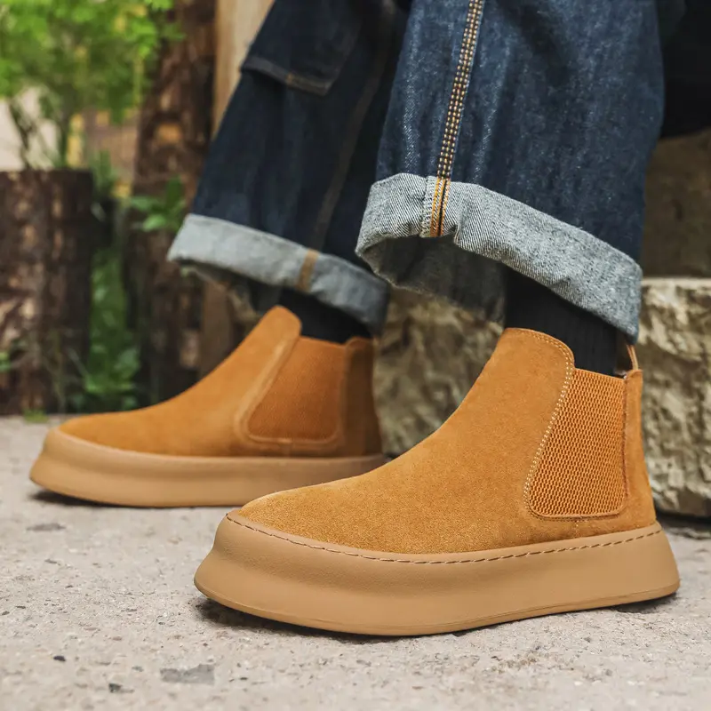 men's fashion cow suede leather boots slip-on flats platform shoes outdoors cowboy desert boot handsome ankle chelsea botas mans