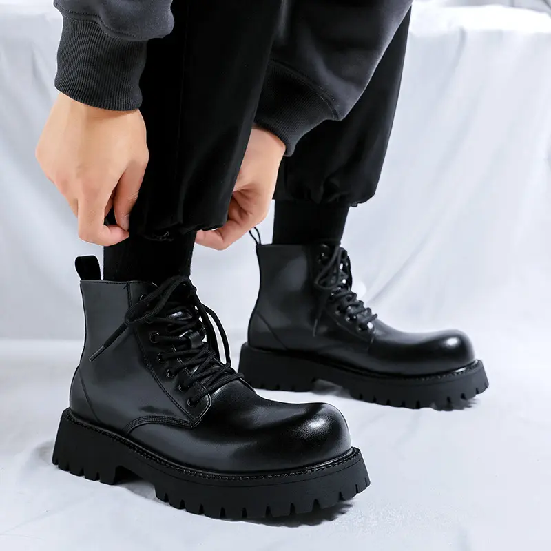 plus size men casual business office original leather boots black trendy lace-up shoes cowboy ankle botas platform autumn winter