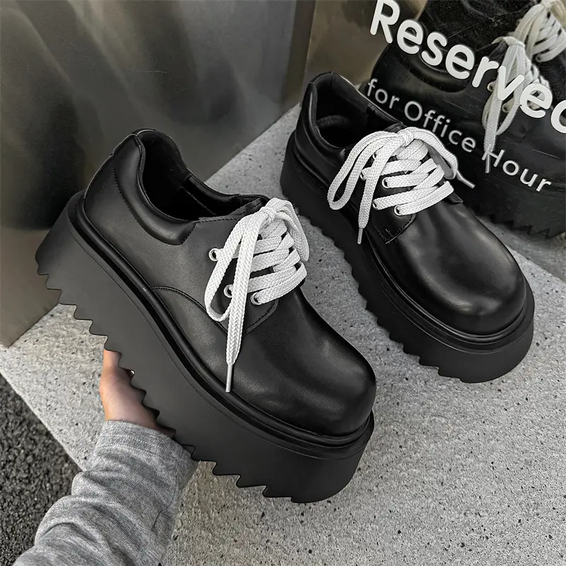 men luxury fashion punk hip hop platform shoes lace-up genuine leather derby shoe black designer sneakers cool stylish footwear