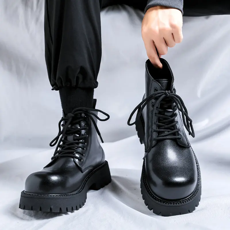 plus size men casual business office original leather boots black trendy lace-up shoes cowboy ankle botas platform autumn winter