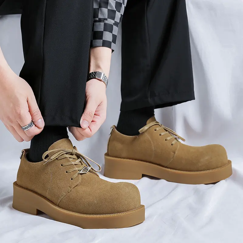 British style mens casual cow suede leather tooling shoes lace-up platform shoe big toe sneakers outdoors cowboy footwear trendy