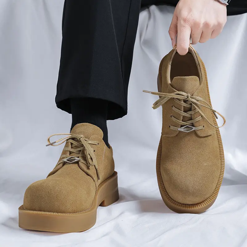British style mens casual cow suede leather tooling shoes lace-up platform shoe big toe sneakers outdoors cowboy footwear trendy