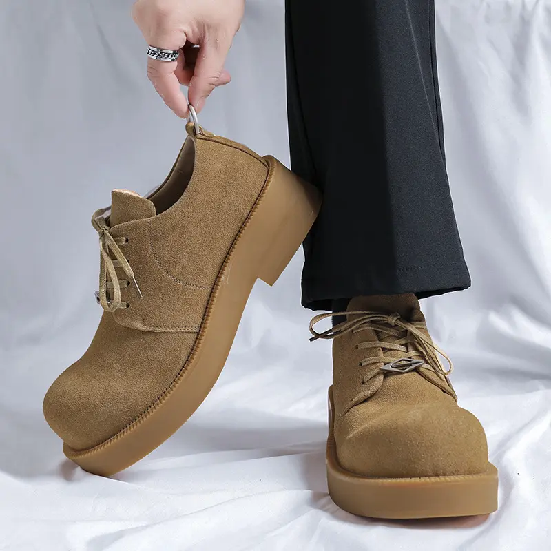 British style mens casual cow suede leather tooling shoes lace-up platform shoe big toe sneakers outdoors cowboy footwear trendy