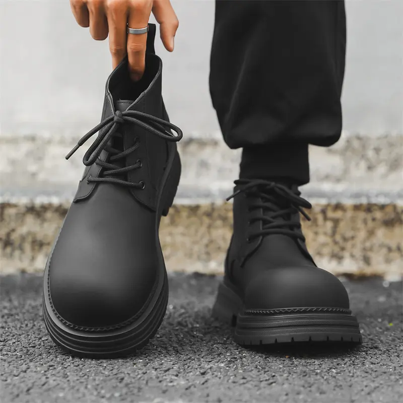 men's casual business office platform boots lace-up original leather shoes cowboy autumn winter boot chunky ankle botas hombre