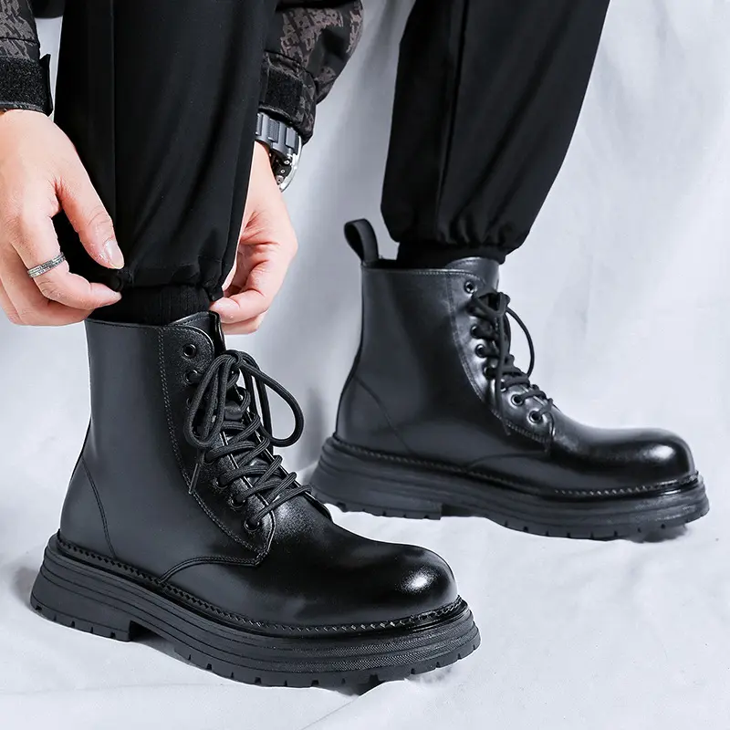 England style men's fashion platform boots black stylish autumn winter shoes cowboy natural leather boot high motorcycle botas