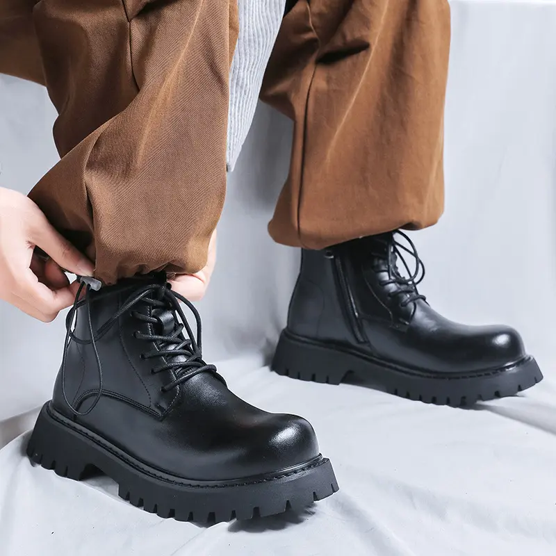 mens fashion punk hip hip dress platform boots black trendy genuine leather shoes cowboy autumn winter boot cool ankle botas man