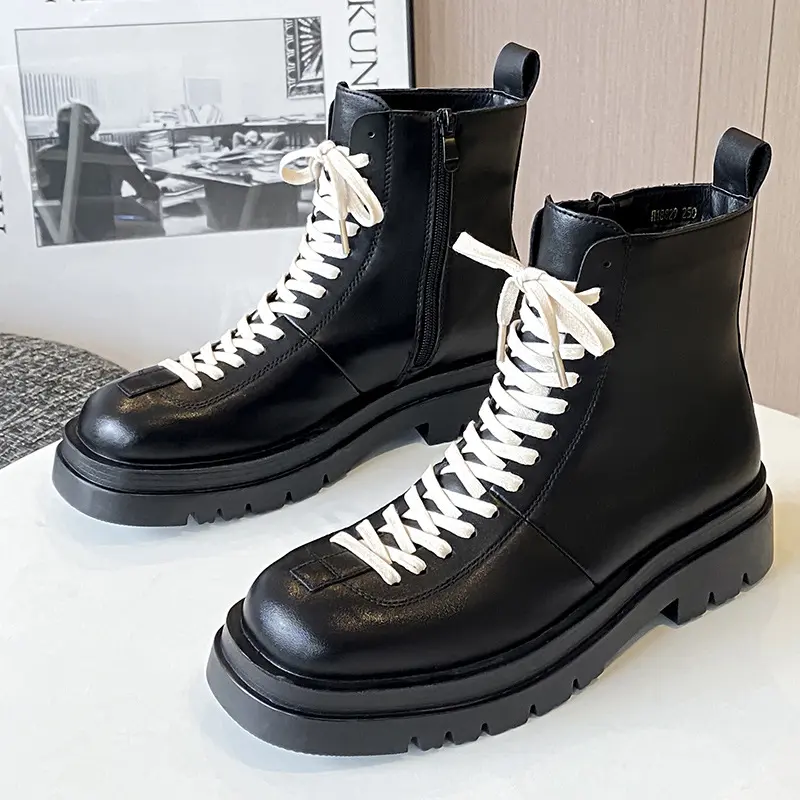 large size mens casual genuine leather boots lace-up platform shoes black stylish cowboy spring autumn boot ankle botas hombre