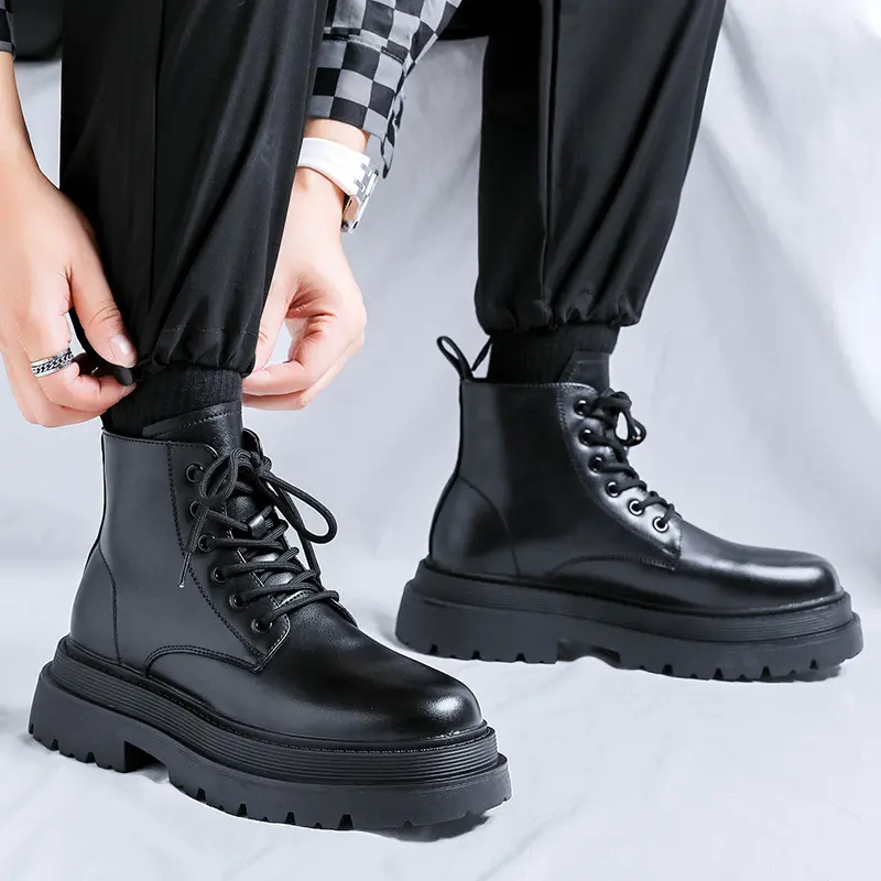 mens casual business office platform boots black trendy genuine leather shoes cowboy autumn winter boot handsome ankle botas man