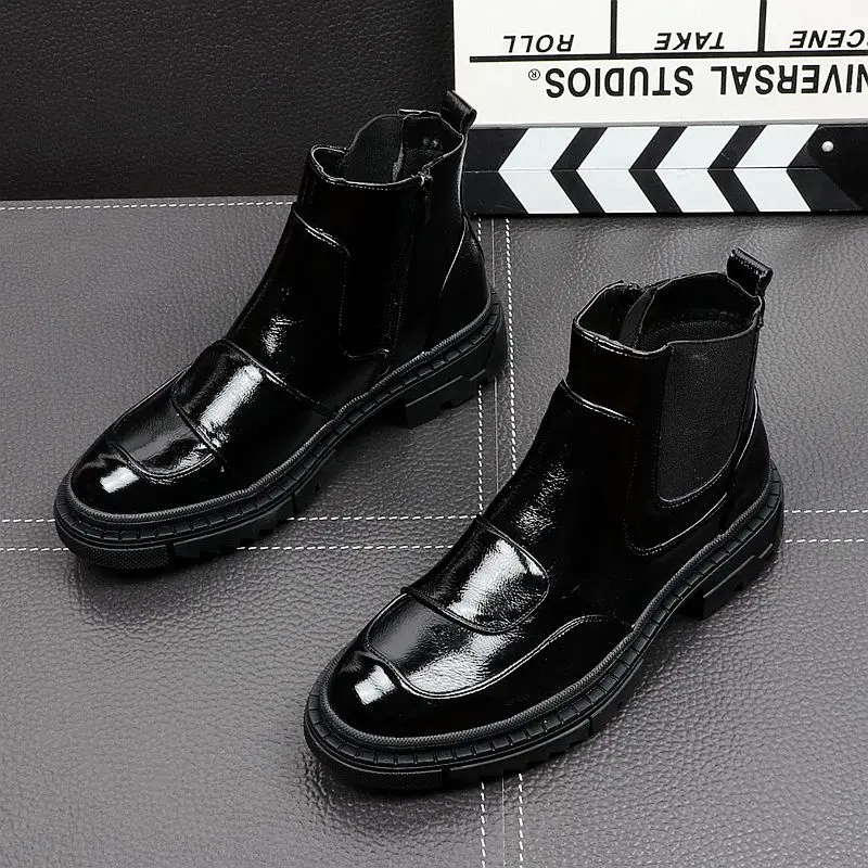 men's fashion chelsea boots black patent leather shoes oxfords platform boot spring autumn trend cowboy ankle botas chaussures