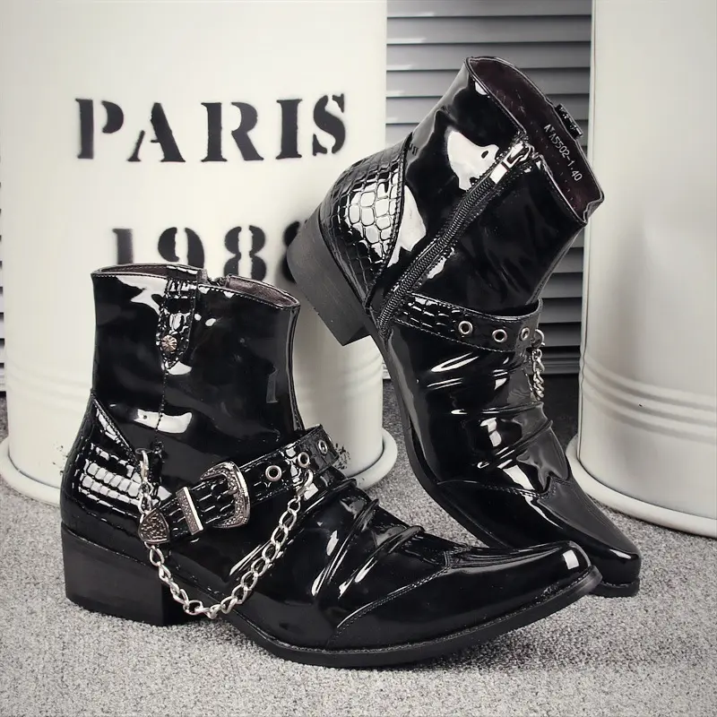 mens fashion patent leather boots black stylish brand designer shoes stage nightclub pointed toe ankle boot short botas chelsea