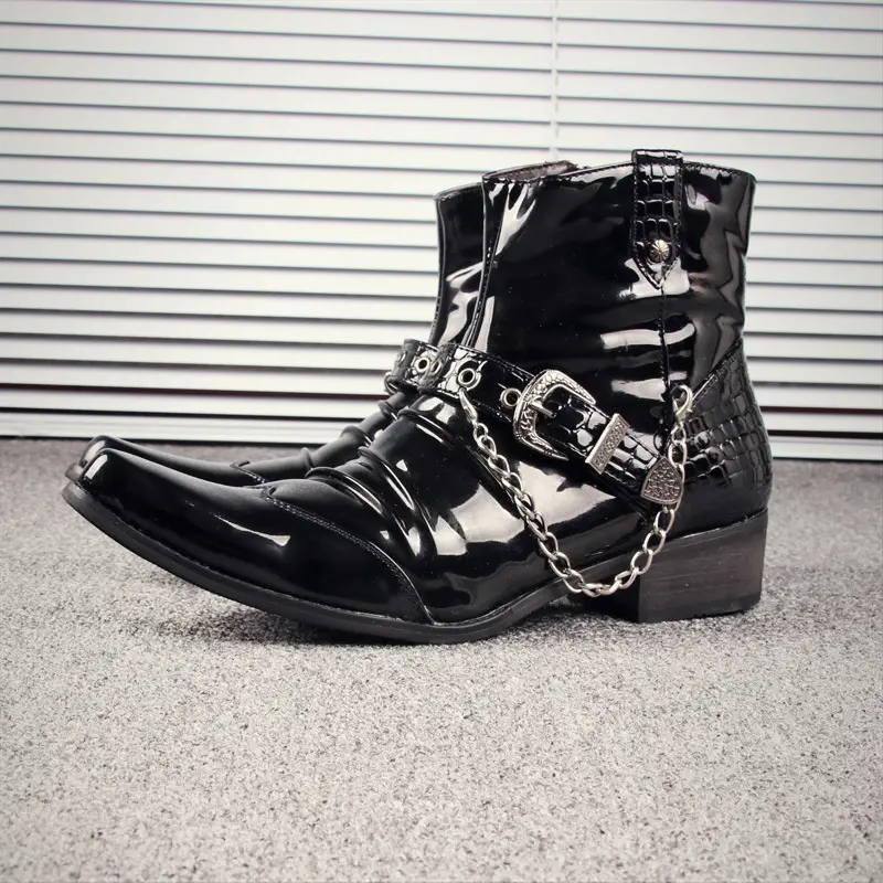 mens fashion patent leather boots black stylish brand designer shoes stage nightclub pointed toe ankle boot short botas chelsea