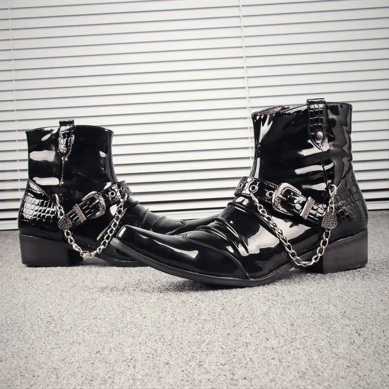 mens fashion patent leather boots black stylish brand designer shoes stage nightclub pointed toe ankle boot short botas chelsea