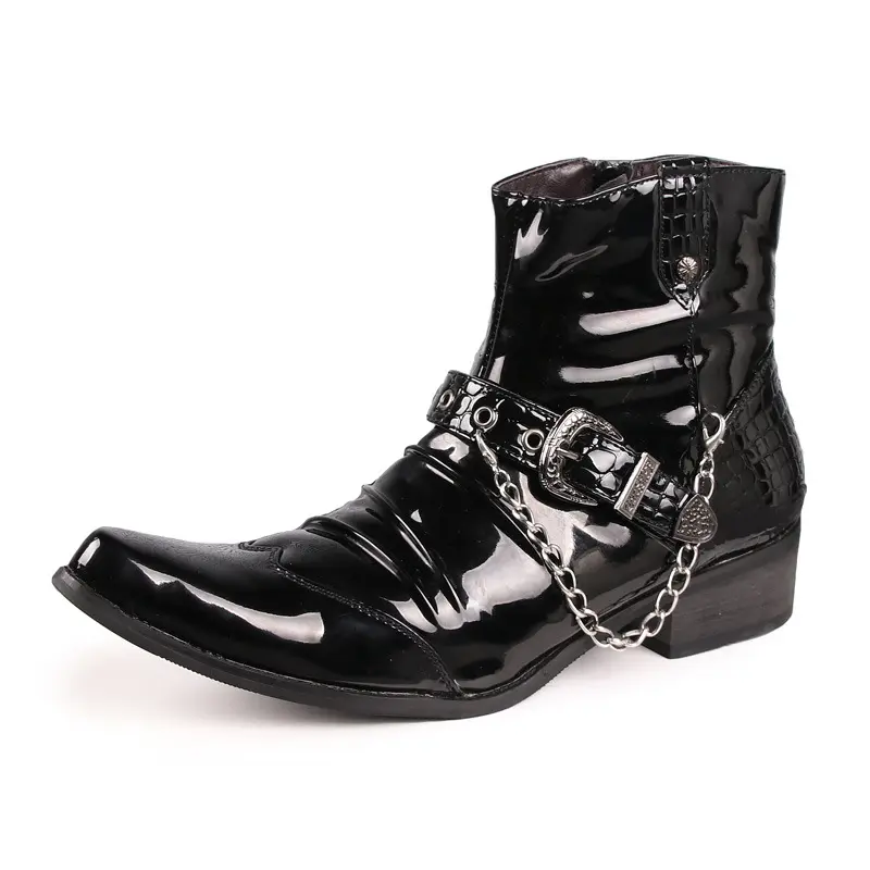 mens fashion patent leather boots black stylish brand designer shoes stage nightclub pointed toe ankle boot short botas chelsea