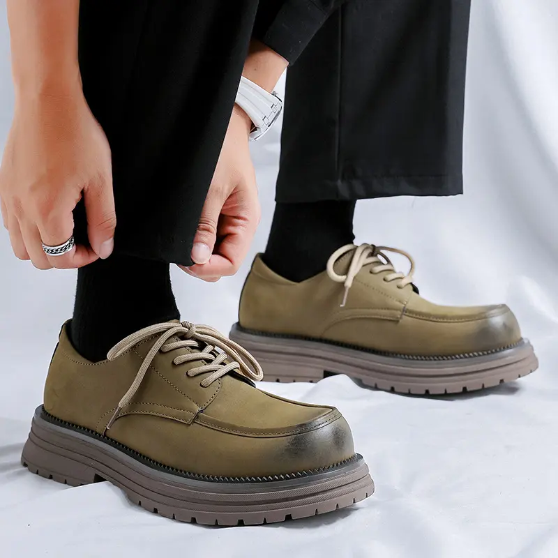 England style men fashion cowboy tooling shoes lace-up genuine leather desert shoe platform sneakers big toe stylish footwear