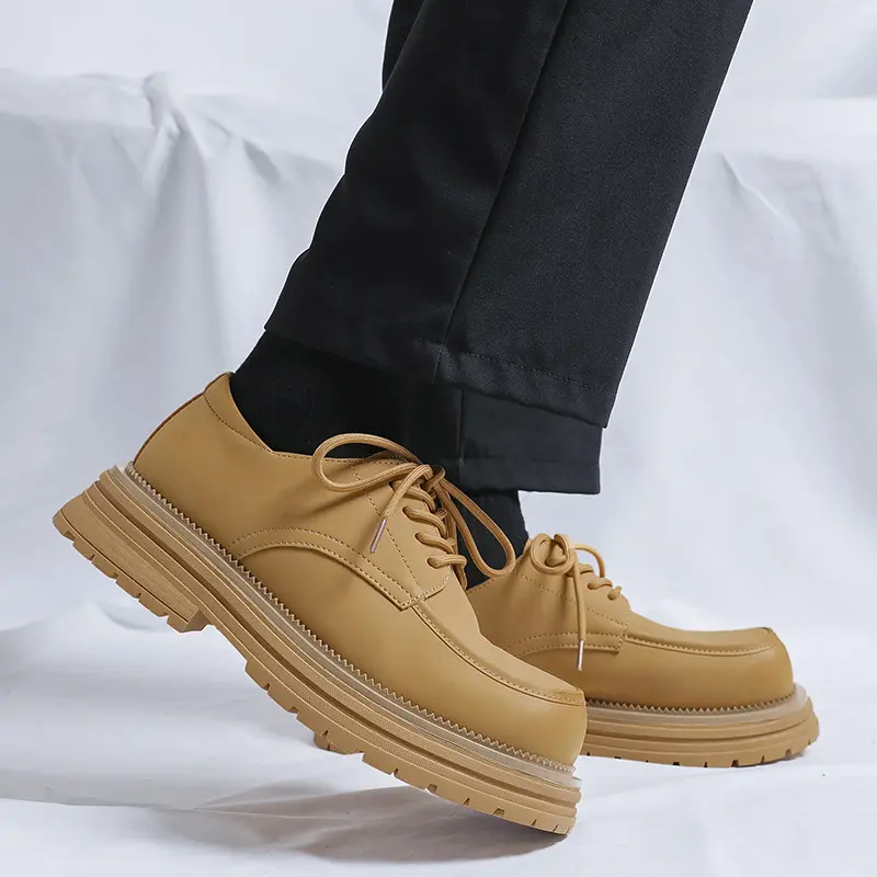 England style men fashion cowboy tooling shoes lace-up genuine leather desert shoe platform sneakers big toe stylish footwear