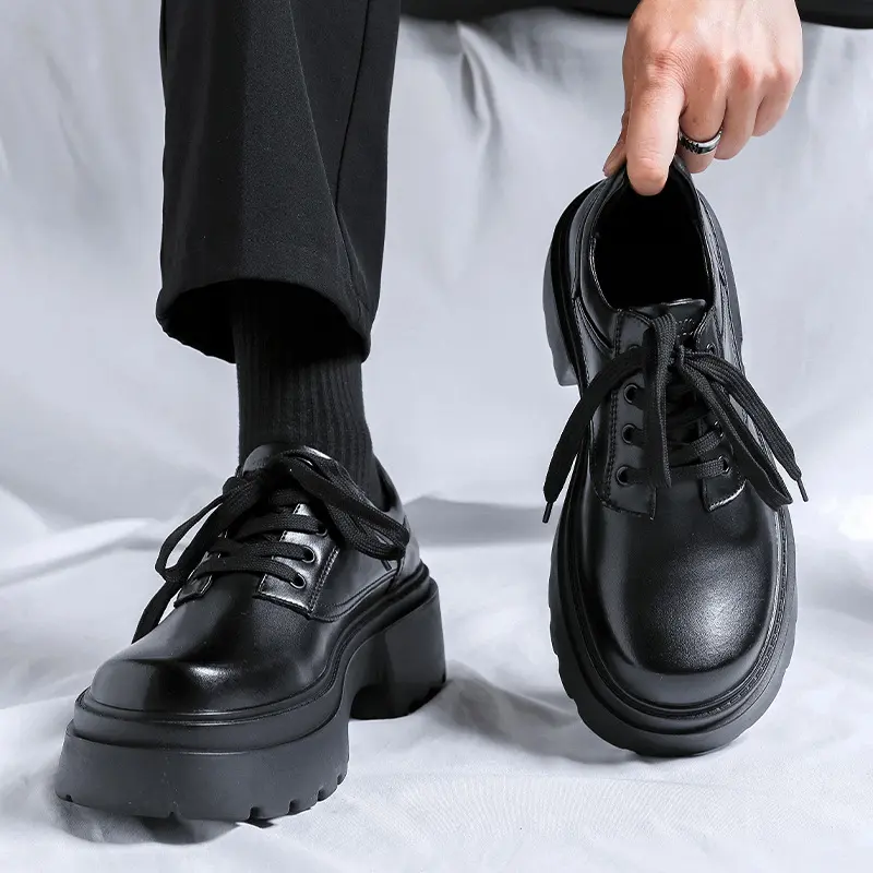 mens casual platform shoes lace-up natural leather oxfords shoe black stylish sneakers business office dress gentleman footwear