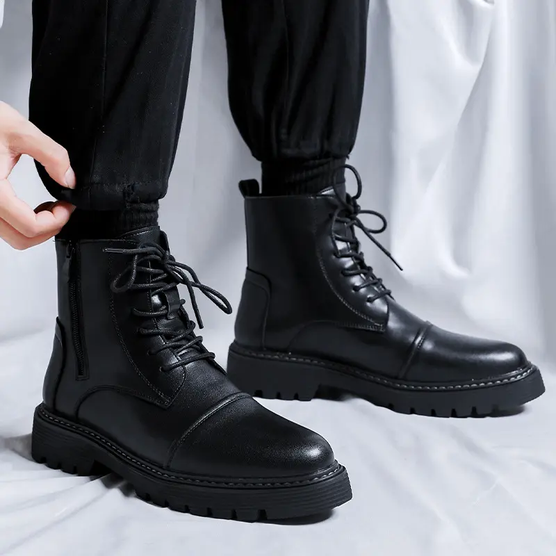 men's casual original leather boots black stylish platform shoes cowboy ankle boot party banquet dress handsome motorcycle botas