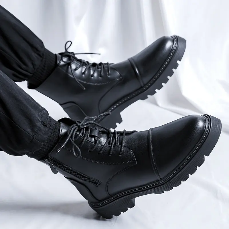 men's casual original leather boots black stylish platform shoes cowboy ankle boot party banquet dress handsome motorcycle botas