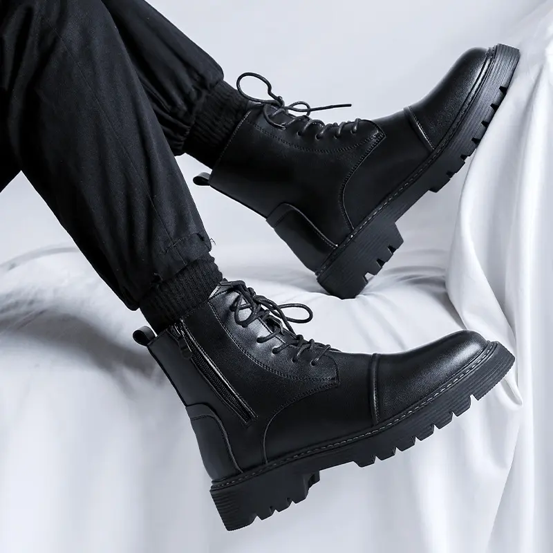 men's casual original leather boots black stylish platform shoes cowboy ankle boot party banquet dress handsome motorcycle botas