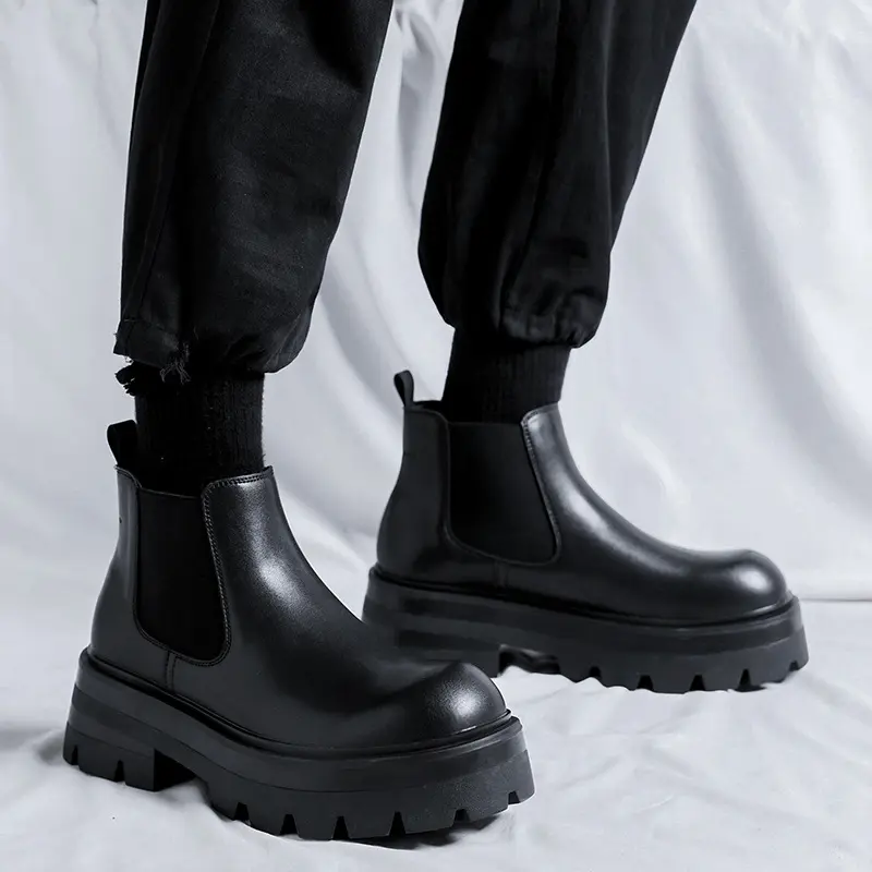 men's casual platform boots black stylish original leather shoes business office dress cowboy chelsea boot cool ankle botas mans