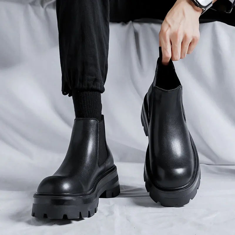 men's casual platform boots black stylish original leather shoes business office dress cowboy chelsea boot cool ankle botas mans