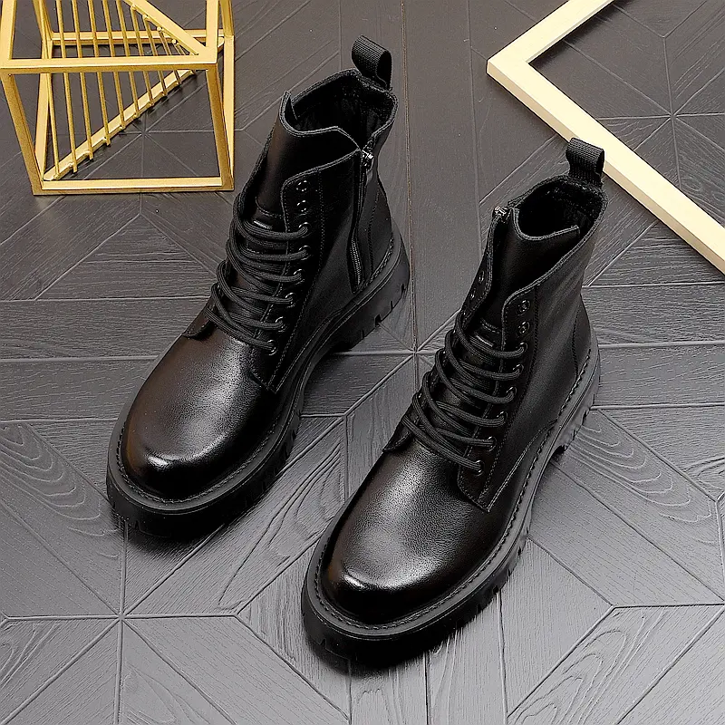 British style mens leisure genuine leather boots black trend high top shoes cowboy platform boot brand designer long botas male