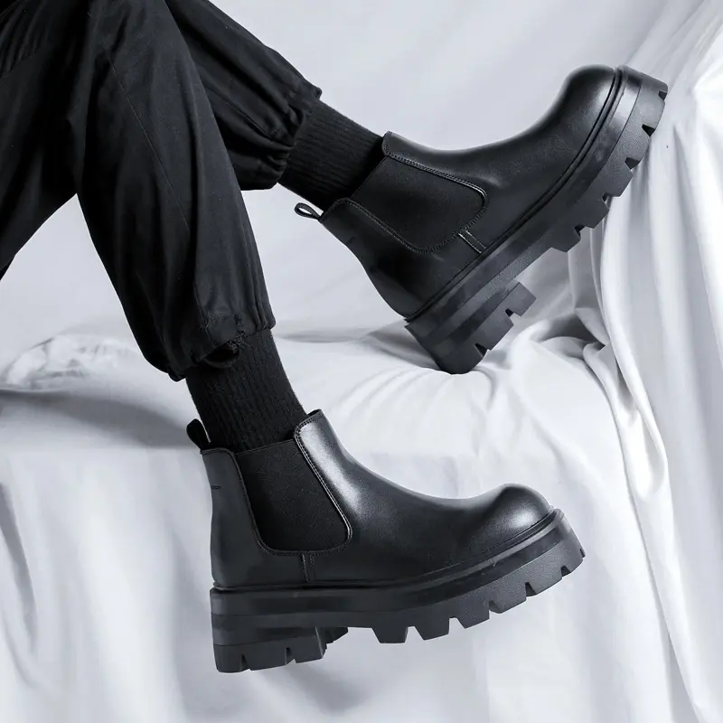 men's casual platform boots black stylish original leather shoes business office dress cowboy chelsea boot cool ankle botas mans