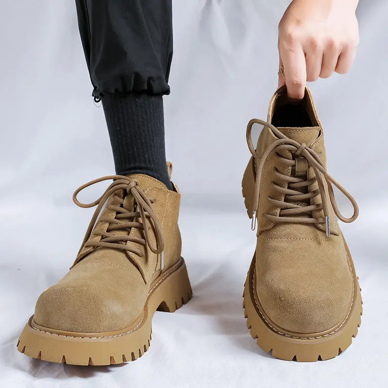 men's casual cow suede leather boots lace-up autumn winter shoes cowboy desert boot big toe cool platform ankle botas masculinas
