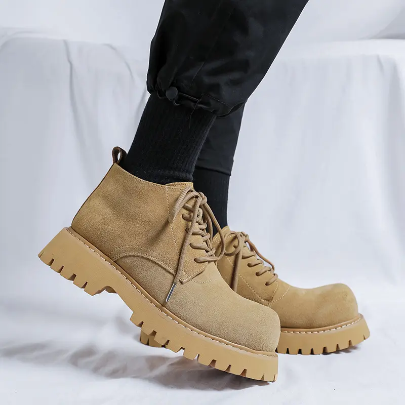men's casual cow suede leather boots lace-up autumn winter shoes cowboy desert boot big toe cool platform ankle botas masculinas