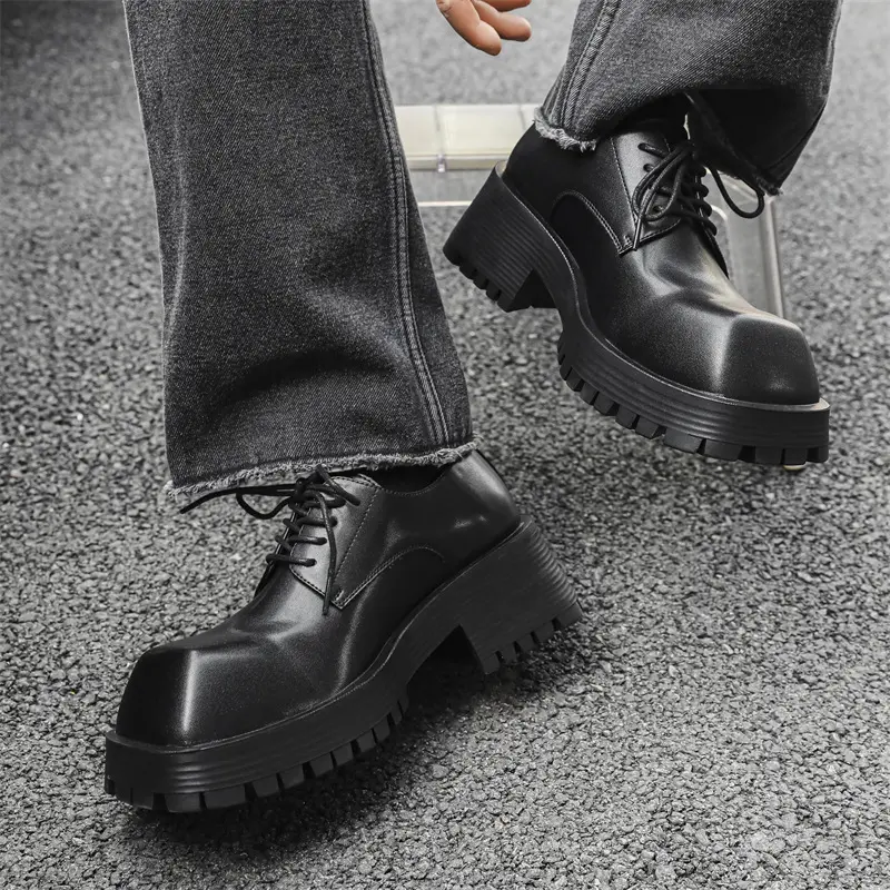 men fashion original leather shoes brand designer square toe shoe punk rock dress black trendy platform sneakers youth footwear