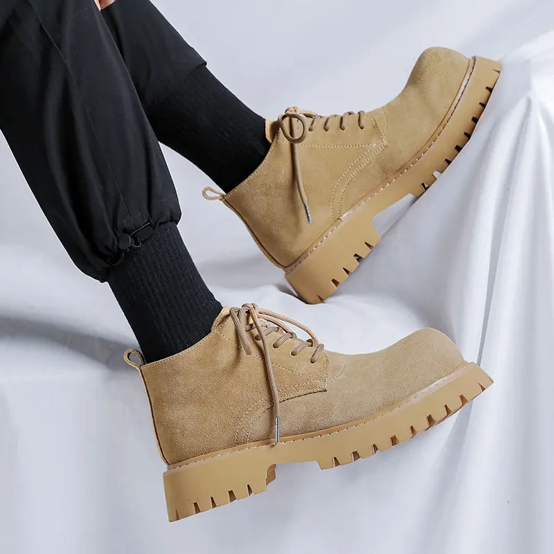 men's casual cow suede leather boots lace-up autumn winter shoes cowboy desert boot big toe cool platform ankle botas masculinas