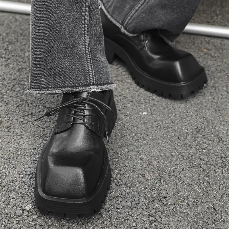 men fashion original leather shoes brand designer square toe shoe punk rock dress black trendy platform sneakers youth footwear
