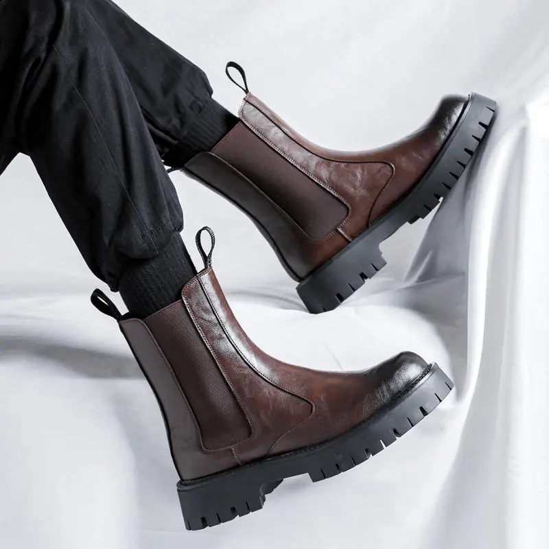 England style men leisure high chimney boots black brown shoes cowboy genuine leather chelsea boot long platform botas masculina