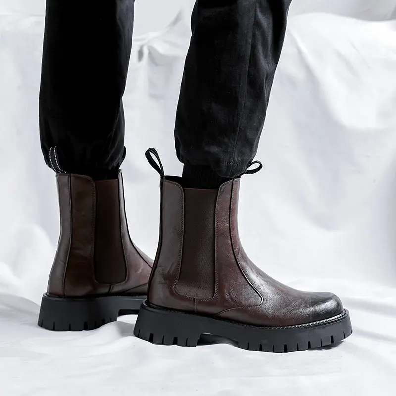 England style men leisure high chimney boots black brown shoes cowboy genuine leather chelsea boot long platform botas masculina