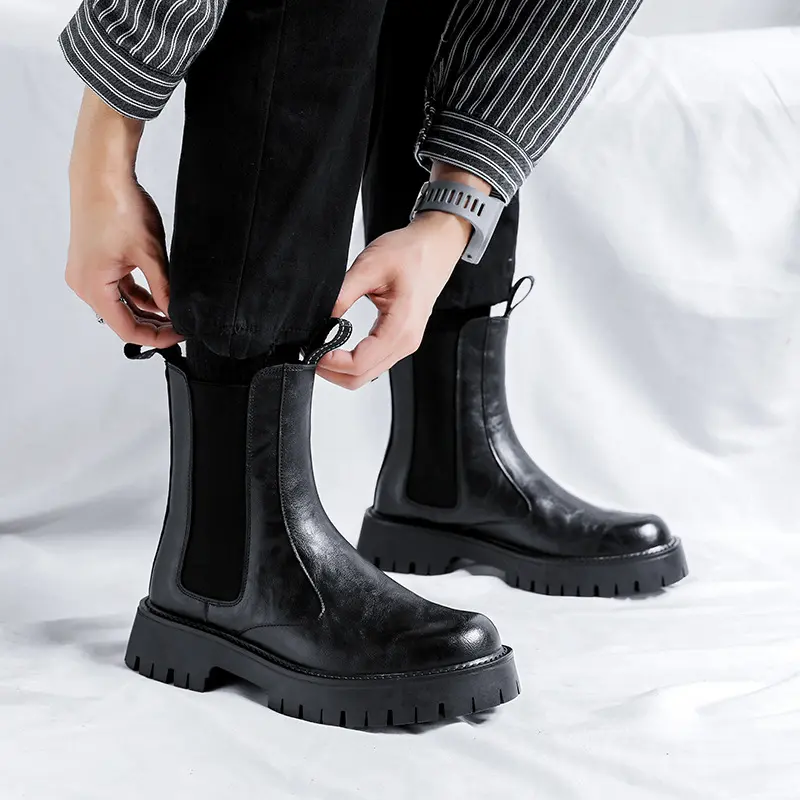 England style men leisure high chimney boots black brown shoes cowboy genuine leather chelsea boot long platform botas masculina