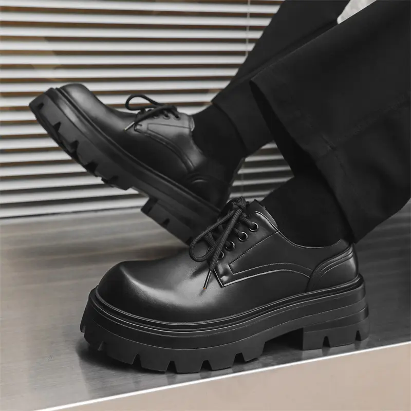 men casual business office platform shoes lace-up derby shoe black stylish original leather sneakers youth gentleman footwear