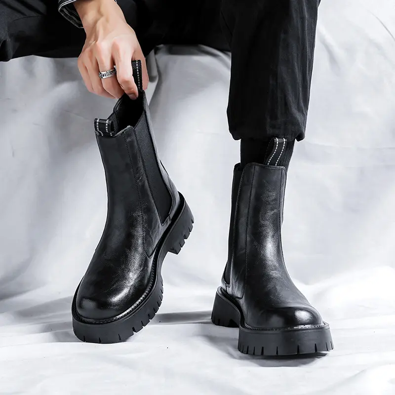 England style men leisure high chimney boots black brown shoes cowboy genuine leather chelsea boot long platform botas masculina
