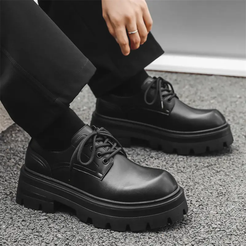 men casual business office platform shoes lace-up derby shoe black stylish original leather sneakers youth gentleman footwear