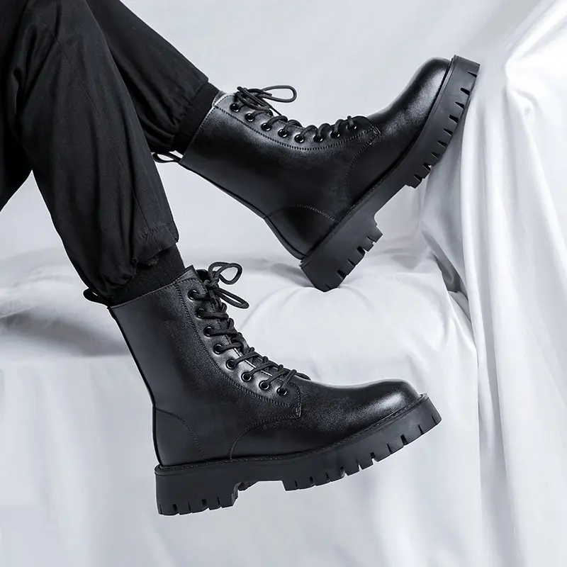 men fashion high motorcycle boots lace-up genuine leather shoes cowboy platform boot handsome autumn winter long botas masculina