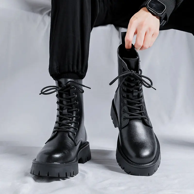 men fashion high motorcycle boots lace-up genuine leather shoes cowboy platform boot handsome autumn winter long botas masculina