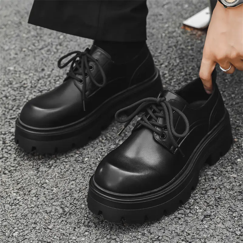 men casual business office platform shoes lace-up derby shoe black stylish original leather sneakers youth gentleman footwear