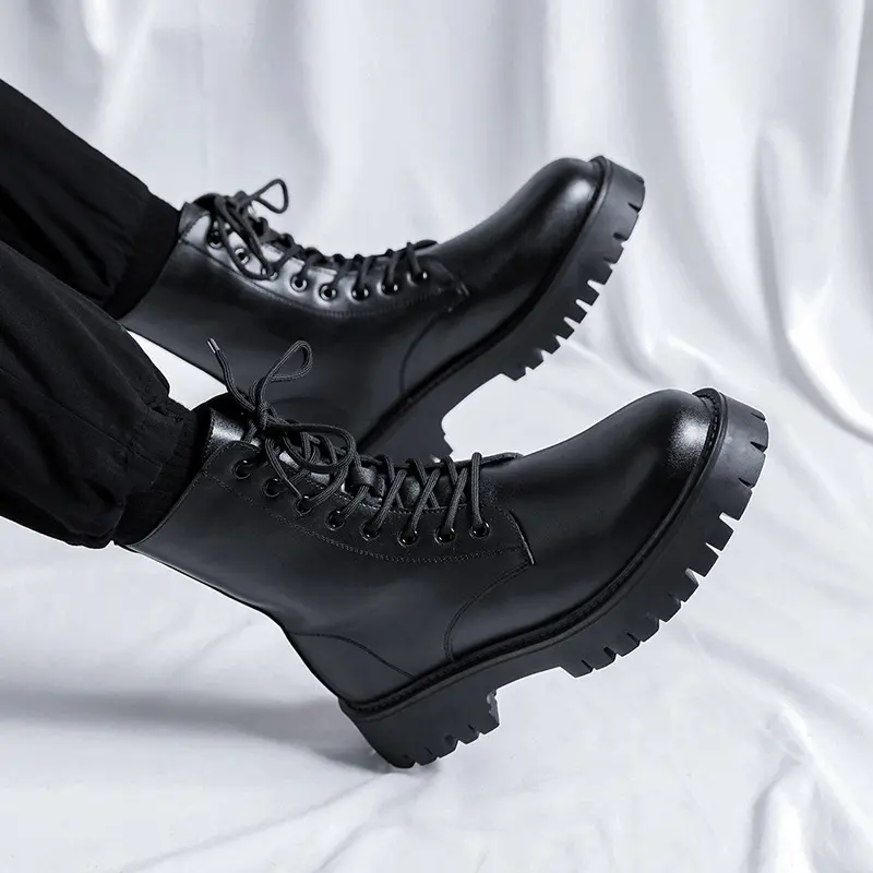 men fashion high motorcycle boots lace-up genuine leather shoes cowboy platform boot handsome autumn winter long botas masculina