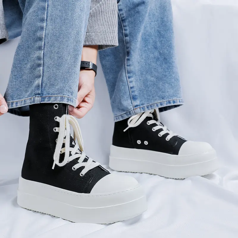 big size mens casual platform boots lace-up breathable canvas shoes black stylish cowboy boot spring autumn ankle botas hombre