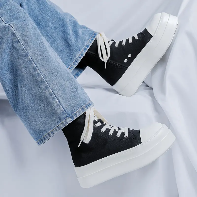 big size mens casual platform boots lace-up breathable canvas shoes black stylish cowboy boot spring autumn ankle botas hombre