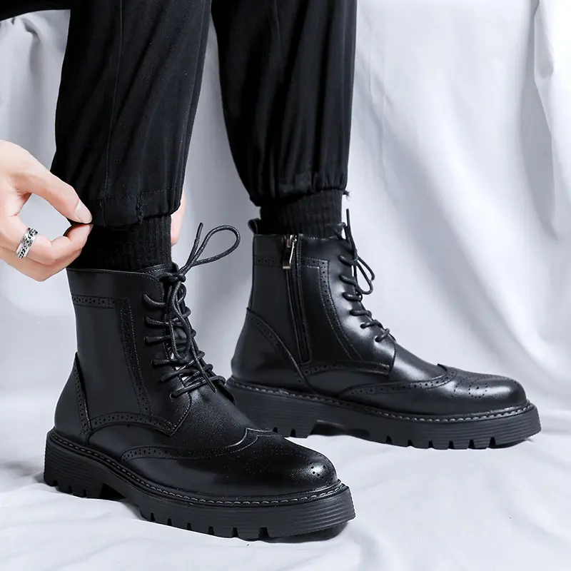 men fashion original leather boots black stylish carved brogue shoes party banquet dress cowboy platform boot cool ankle botas
