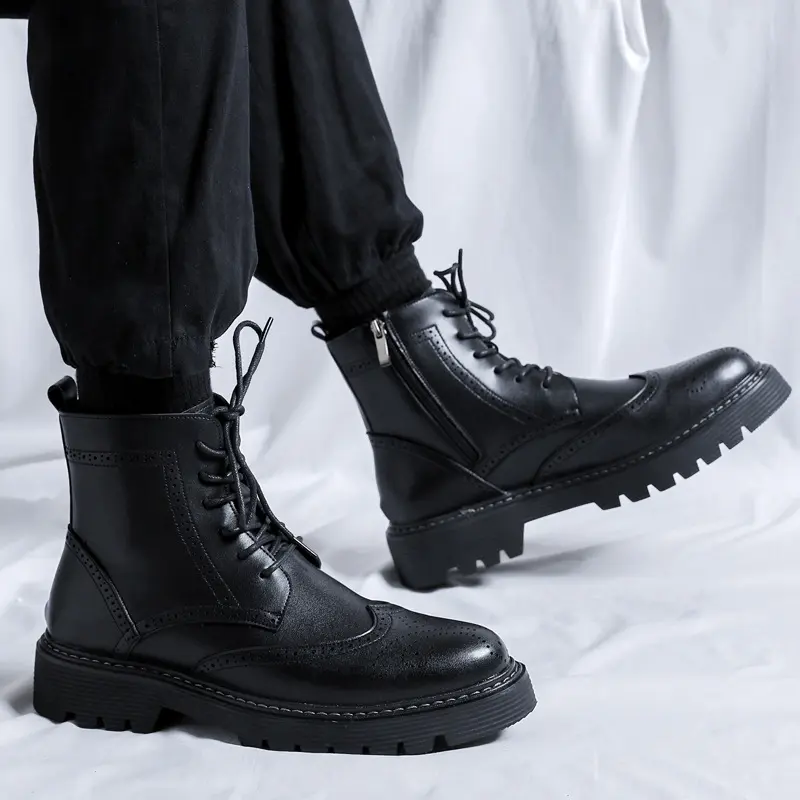 men fashion original leather boots black stylish carved brogue shoes party banquet dress cowboy platform boot cool ankle botas