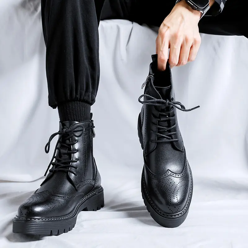 men fashion original leather boots black stylish carved brogue shoes party banquet dress cowboy platform boot cool ankle botas